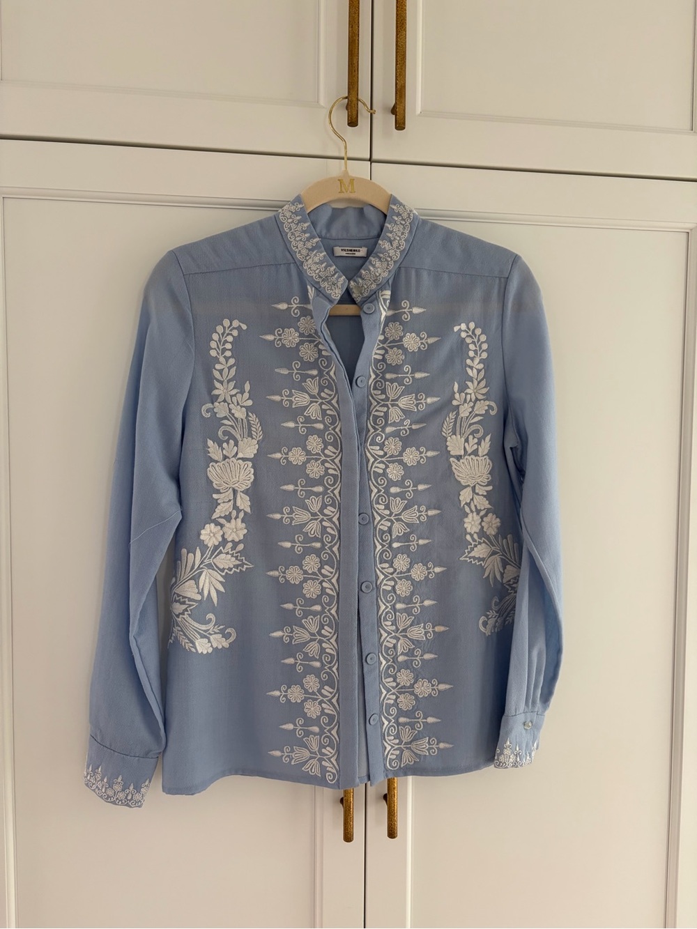 Vilshenko vyshivanka embroidered  Pale Blue Button-Front Blouse